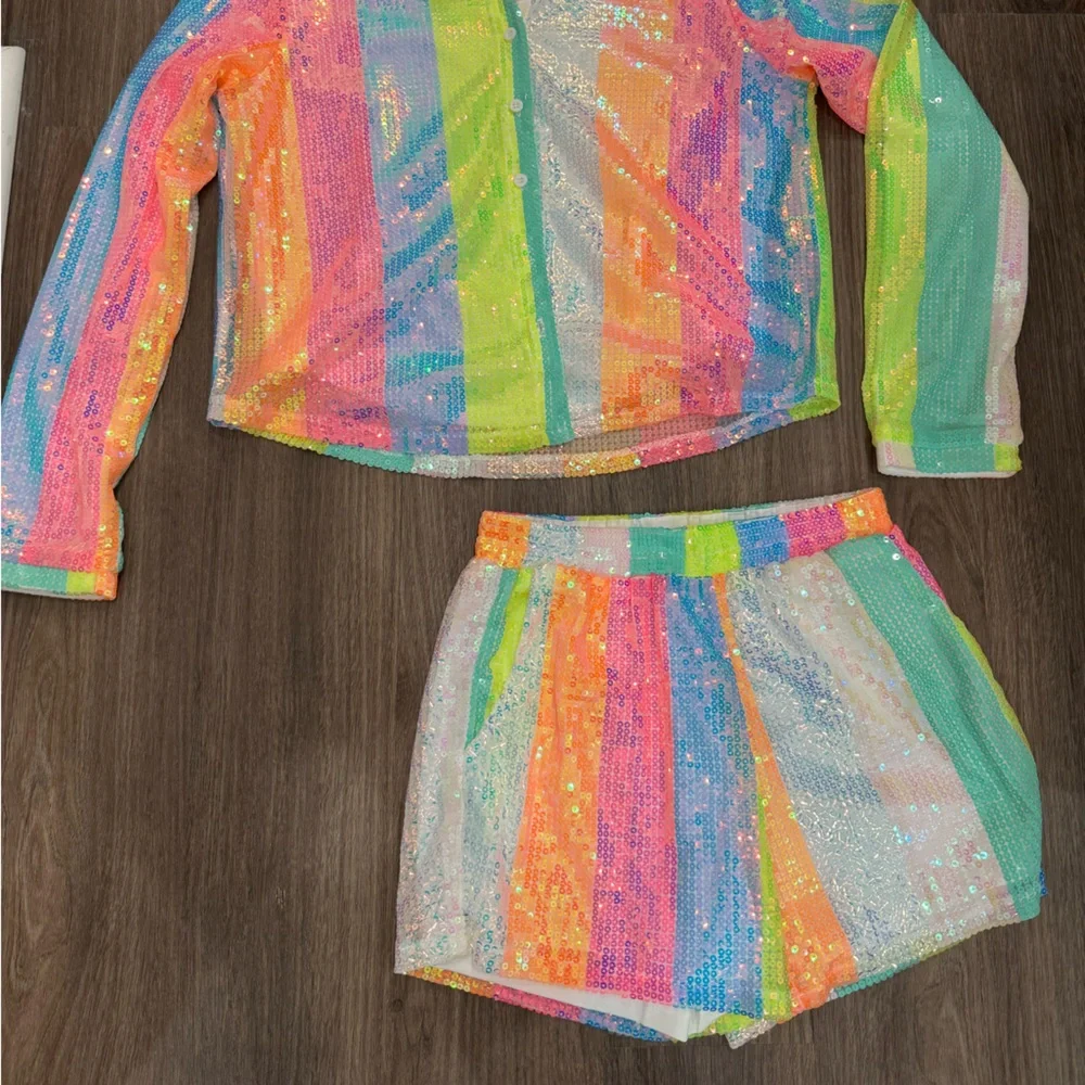 Rainbow Sequin Two-Piece Set - Neon Striped Jacket & Skirt - Picture 2 of 2